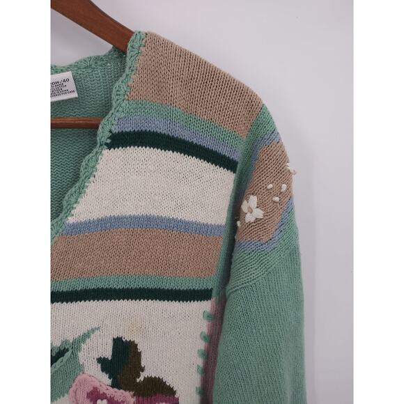 Vintage Extra Touch Green V-Neck Floral Patchwork Plus Size Grandma Sweater 20 - Picture 6 of 8
